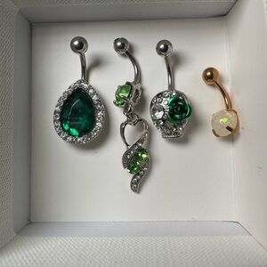 New Elegant Green and Silver Belly Ring Set